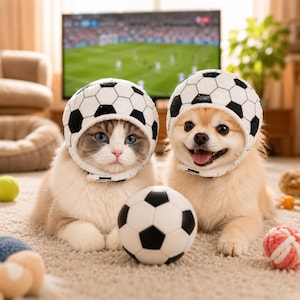 May include: A fluffy cat and a small dog wearing matching white and black soccer ball-patterned hats. A soccer ball sits on the floor between them. Both animals have their heads covered by the spherical hats, which feature a classic pentagonal pattern.