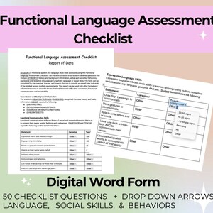 May include: A digital word form for a Functional Language Assessment Checklist. The document includes 50 checklist questions, drop-down arrows, and sections for language, social skills, and behaviors. The form is white with black text.