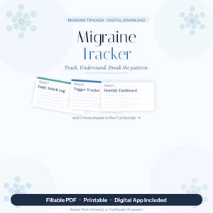 May include: A digital download for a Migraine Tracker. The design features the title "Migraine Tracker" in a stylish font, with the tagline "Track. Understand. Break the pattern." Included are Daily Attack Log, Trigger Tracker, and Monthly Dashboard sheets.