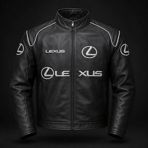 May include: A black leather jacket featuring a stand-up collar, a full-length front zipper, and white piping along the shoulders. The jacket displays the Lexus brand name and logo in white embroidery on the chest and on both sleeves.