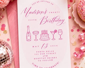 Pink Birthday Party Invitation Template | Editable Canva Invite | Instant Download | Girl's Night, Dinner Party