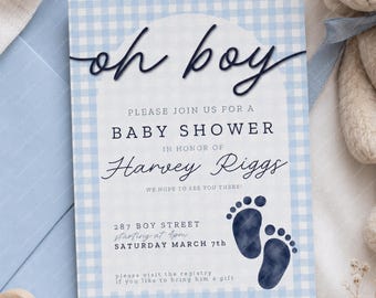 Blue Gingham Baby Boy Shower Invitation Template | Editable Canva Invite | Instant Download