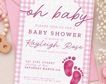 Pink Baby Shower Invitation Template | Girl Baby Shower Invite | Editable Canva Invitation | Pink Gingham Printable | Instant Download