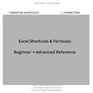 Könnte beinhalten: Ein weißes Dokument mit dem Titel "EXCEL Shortcuts & Formulas" und dem Untertitel "Work Faster. Analyze Smarter." Es enthält Abschnitte zu essentiellen Shortcuts und Formatierung sowie eine Referenz für Anfänger bis Fortgeschrittene.