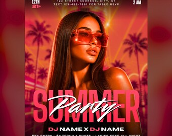 Summer Party Flyer, Night Club Promo Flyer, Editable Canva Template