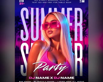 Summer Party Flyer, Night Club Promo Flyer, Editable Canva Template
