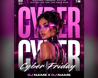 Cyber Friday Night Club Flyer, Cyberpunk Party Promo, Editable Canva Template