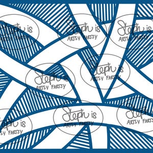 May include: Abstract geometric design in shades of blue and white. The artwork features intersecting lines and shapes, with some areas filled with parallel stripes. The text "Steph is Artsy Fartsy" is repeated in several ovals across the design.