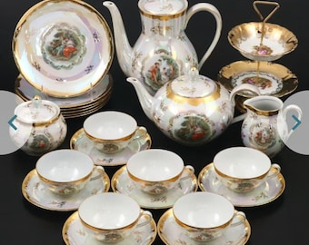 Oscar Schlegelmilch L' Amour Tea Set/ Pearlescent German Porcelain/ Romantic Scene China/ Antique Tea Service/ Gold Gilt Serving Set