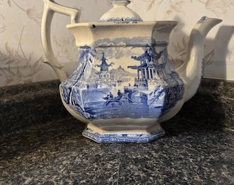 Antique Staffordshire Blue and White Transferware Teapot, 1880-1910
