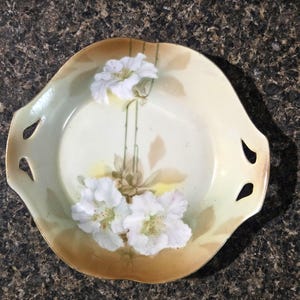 Antique RS Germany Porcelain Cake Plate White Flowers Pierced Handles 7.5"
