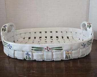 Vintage Porcelain Hand Painted Basket White With Floral
