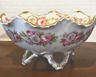 Vintage elite Works Limoges France Footed Bowl Pink Roses Gold Gilt Scalloped Edge French Porcelain