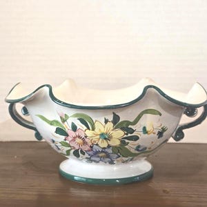 Cache-pot jardinière vintage italien peint à la main floral bord festonné
