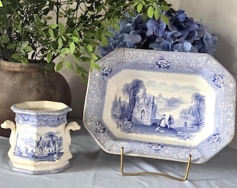 Antique Staffordshire Blue And White Transferware Set W. Adams & Sons Columbia Pattern Ironstone Baking dish and Cachepot, c.1850-1890