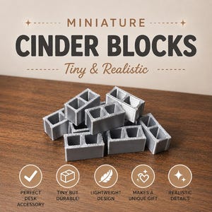 May include: A collection of miniature gray cinder blocks, realistically detailed, are displayed on a wooden surface. The text "MINIATURE CINDER BLOCKS Tiny & Realistic" is at the top. Additional text includes "PERFECT DESK ACCESSORY", "TINY BUT DURABLE!", "LIGHTWEIGHT DESIGN", "MAKES A UNIQUE GIFT", and "REALISTIC DETAILS".