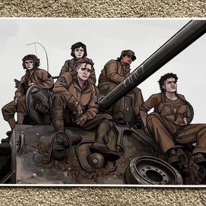 May include: Illustration of a tank with five people in brown uniforms sitting on it. The artwork has a muted color palette with shades of brown and gray. The people appear to be soldiers, and the artwork has a vintage feel.