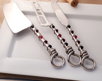 Large hand wire wrapped and beaded 3 piece cheese tool set - reds