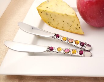 Hand wire wrapped and beaded spreader knife set - burgundy, gold and pink