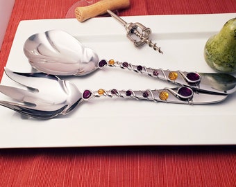 Hand wire wrapped and beaded 2 piece server set - royal