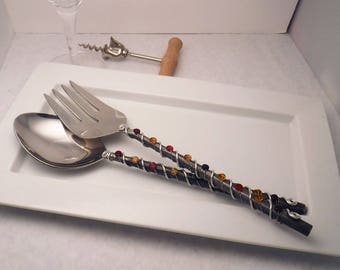 Hand wire wrapped and beaded 2 piece server set - dark handle, royal