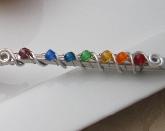 Hand wire wrapped and beaded spreader knife - rainbow