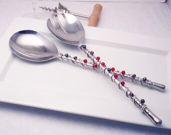 Hand wire wrapped and beaded 2 piece server set - greys and reds