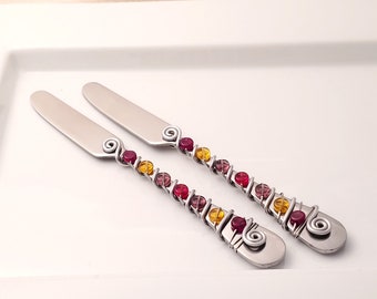 Hand wire wrapped and beaded spreader knife set - royal 7 beads