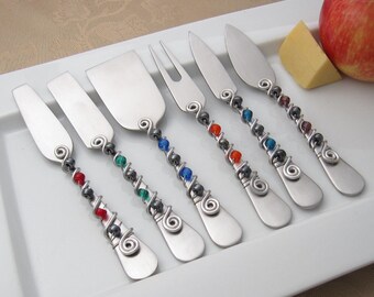 6 piece cheese tool set - hand wire wrapped and beaded - jewel/gray