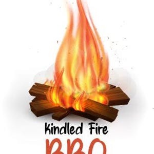 May include: A digital illustration of a campfire with flames in shades of orange and yellow, burning above a pile of brown wood. The text "Kindled Fire BBQ Jerk Sauce" is displayed below the fire in black and orange.