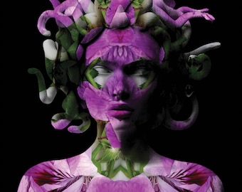 Mysterious Floral Woman Poster - Unique Flower Portrait Art - Handmade Wall Decor