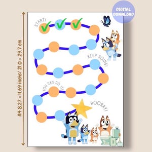May include: A printable reward chart featuring a winding path of orange and light blue circles on a white background. The chart includes cartoon dog characters, a yellow star, and text reading START, KEEP GOING, YOU CAN DO IT, and HOORAY. Size is 8.27 x 11.69 inches.