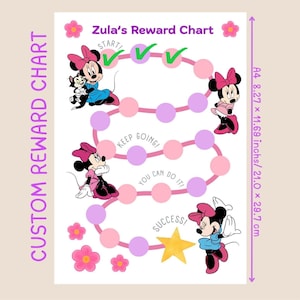 May include: A reward chart titled Zula's Reward Chart featuring Minnie Mouse illustrations, pink and purple circular progress markers, green checkmarks, and a yellow star. The chart measures 8.27 x 11.69 inches and includes text: START, KEEP GOING, YOU CAN DO IT, SUCCESS.