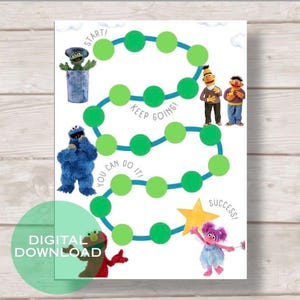 May include: A reward chart featuring Sesame Street characters including Oscar the Grouch, Cookie Monster, Bert, Ernie, and Abby Cadabby. The chart has a winding path of green circles on a white background with text reading Start, Keep Going, You Can Do It, and Success.