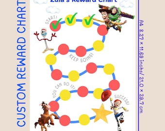 May include: A custom reward chart titled Zula's Reward Chart, featuring Toy Story characters, a winding path of red and yellow circles, and motivational text. It measures 8.27 x 11.69 inches, equivalent to A4 size, with green checkmarks included.