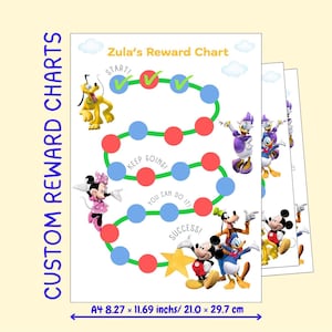 May include: A custom reward chart titled Zula's Reward Chart, featuring Disney characters like Pluto, Minnie Mouse, Goofy, and Donald Duck. The chart has a winding green path with blue and red circles, motivational text, and measures 8.27 by 11.69 inches.