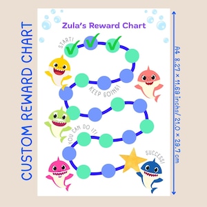 May include: A custom reward chart titled Zula's Reward Chart featuring a winding path of blue and green circles, cartoon sharks, and a yellow star. The chart measures 8.27 x 11.69 inches and includes text like Start, Keep Going, You Can Do It, and Success.