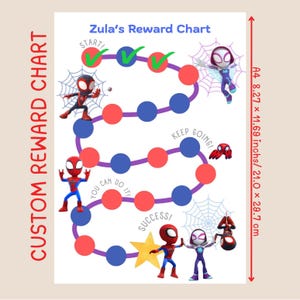 Peut inclure: Un tableau de récompenses intitulé Zula's Reward Chart avec un chemin sinueux de cercles rouges et bleus, des super-héros et des toiles d'araignée. Le tableau inclut le texte Start, Keep Going, You Can Do It et Success, mesurant 21,0 x 29,7 cm.