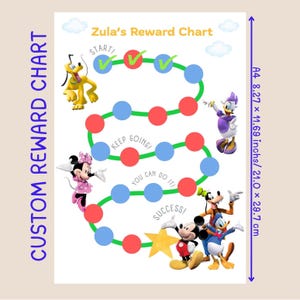 May include: A custom reward chart titled Zula's Reward Chart, featuring a winding green path with blue and red circles, decorated with Disney characters including Pluto, Daisy, Minnie, Goofy, Mickey, and Donald. It measures 8.27 x 11.69 inches.
