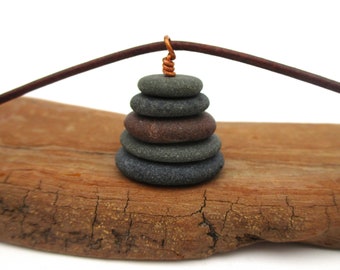 Lake Superior Beach Pebble Cairn Pendant with 20 Inch Leather Cording, Natural Raw Stone Necklace, Unique Nature Inspired Gift
