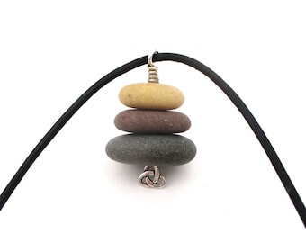 Celtic Trinity Cairn Pendant: Lake Superior Pebbles, Sterling Silver Irish Knot - Leather Cord