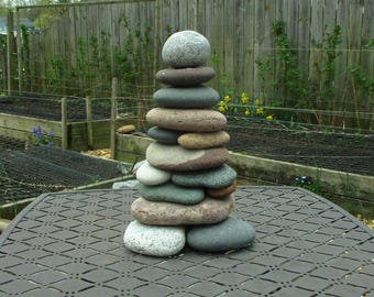Loose Stone Garden Sculpture, Meditative Re-Stackable Beach Stone Garden Cairn, Unique Rock Cairn Decor & Garden Art for Small Garden Space
