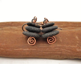 Stacked Pebble Cairn Earrings from Lake Michigan with Gift Box, Hypo-allergenic Niobium & Copper French Ear Wires and Fiddlehead Headpin