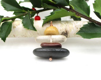 Inukshuk Style Holiday Ornament - Lake Michigan & Superior Beach Glass and Pebbles