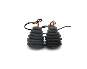 Stacked Lake Michigan Pebble Cairn Earrings - Hypoallergenic Copper & Niobium - Natural Sustainable Jewelry