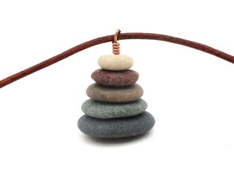 Natural Pebble Cairn Pendant Necklace - Zen Outdoor Jewelry Gift for Nature Lovers - 20" Leather Cord