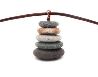 Stacked Stone Cairn Necklace - Lake Michigan & Superior - 22-inch Leather Cord, Gift Box