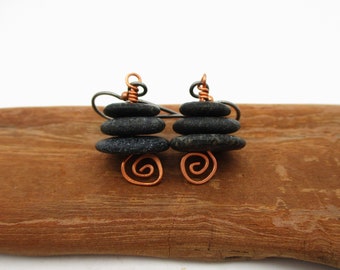 Stacked Pebble Cairn Earrings from Lake Michigan with Gift Box, Hypo-allergenic Niobium & Copper French Ear Wires and Fiddlehead Headpin