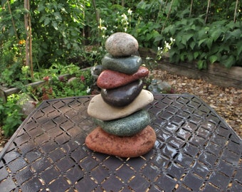 Colorful Re-Stackable Rock Cairn from Lakes Superior and Michigan, Natural Beach Stone Garden Cairn, Unique Nature Inspired Art with Card