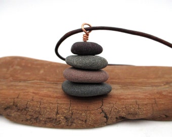 Lake Superior Beach Pebble Cairn Pendant with Adjustable Cording, Natural Raw Stone Stacked Rock Necklace, Meaningful Michigan Inspired Gift